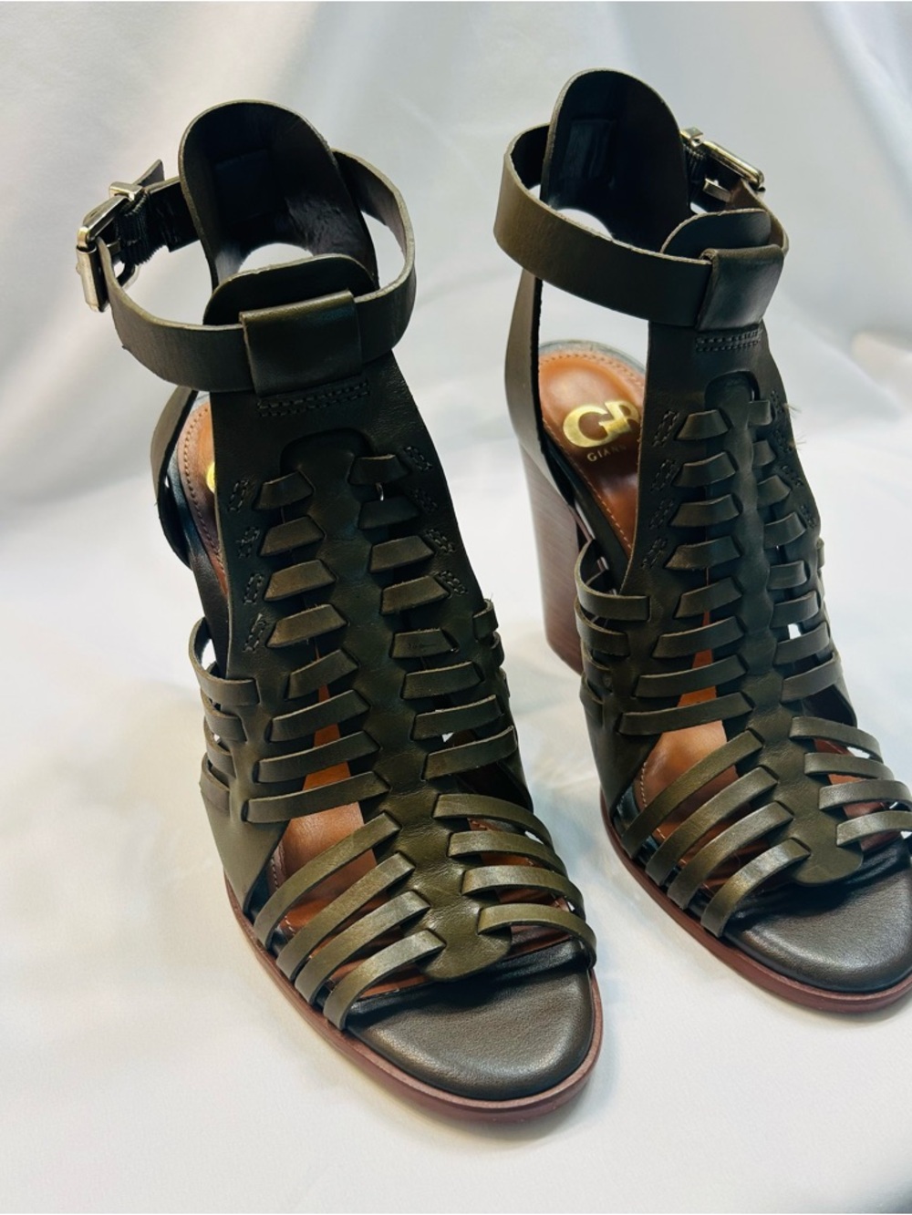 Gianni Bini Olive Woven Strappy Leather Heel Sandals - Picture 5 of 9